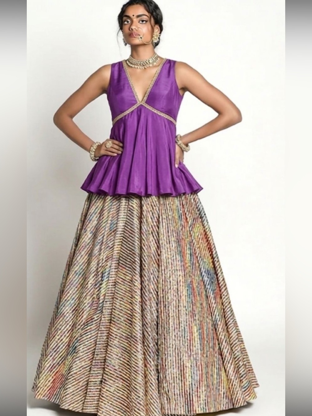 Rishi & Vibhuti Purple Sleeveless Peplum Top with Multicolor Maxi Skirt